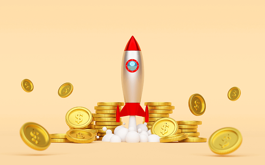 rocket launching from ground with dollar coin